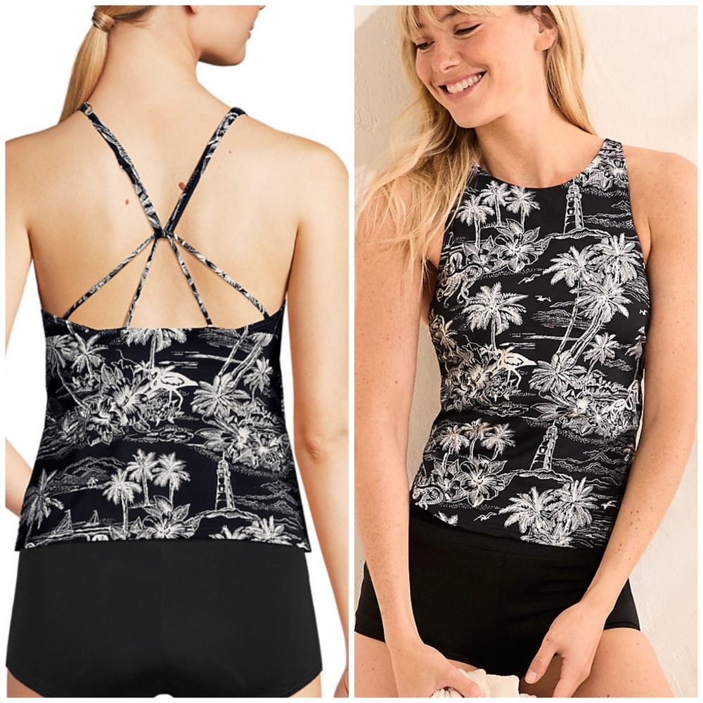 Lands' End Tugless strappy back tankini Black and White Palm Print - Picture 5 of 5